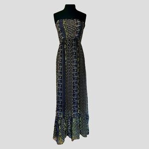 Royal Love | Strapless Floral Paisley Ruffled Boho Festival Maxi Dress, Large